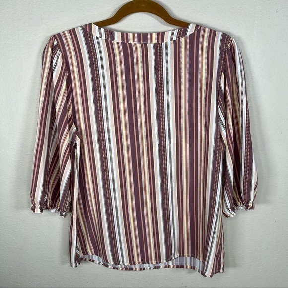 PETITE XL NAIF STRIPED TOP LIGHTWEIGHT PINK MAUVE WHITE  3/4 SLEEVE HENLEY NECK - Picture 7 of 9
